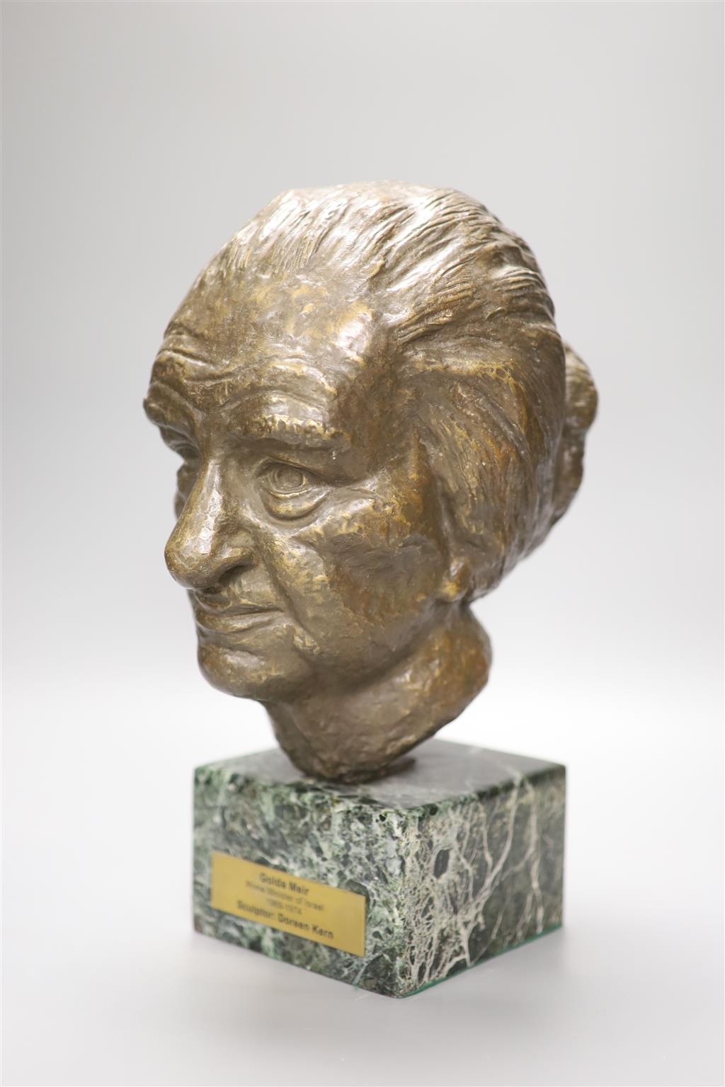 Doreen Kern, bronze bust of Golda Meir, Prime Minister of Israel 1969-1974, on marble base, total height 33cm